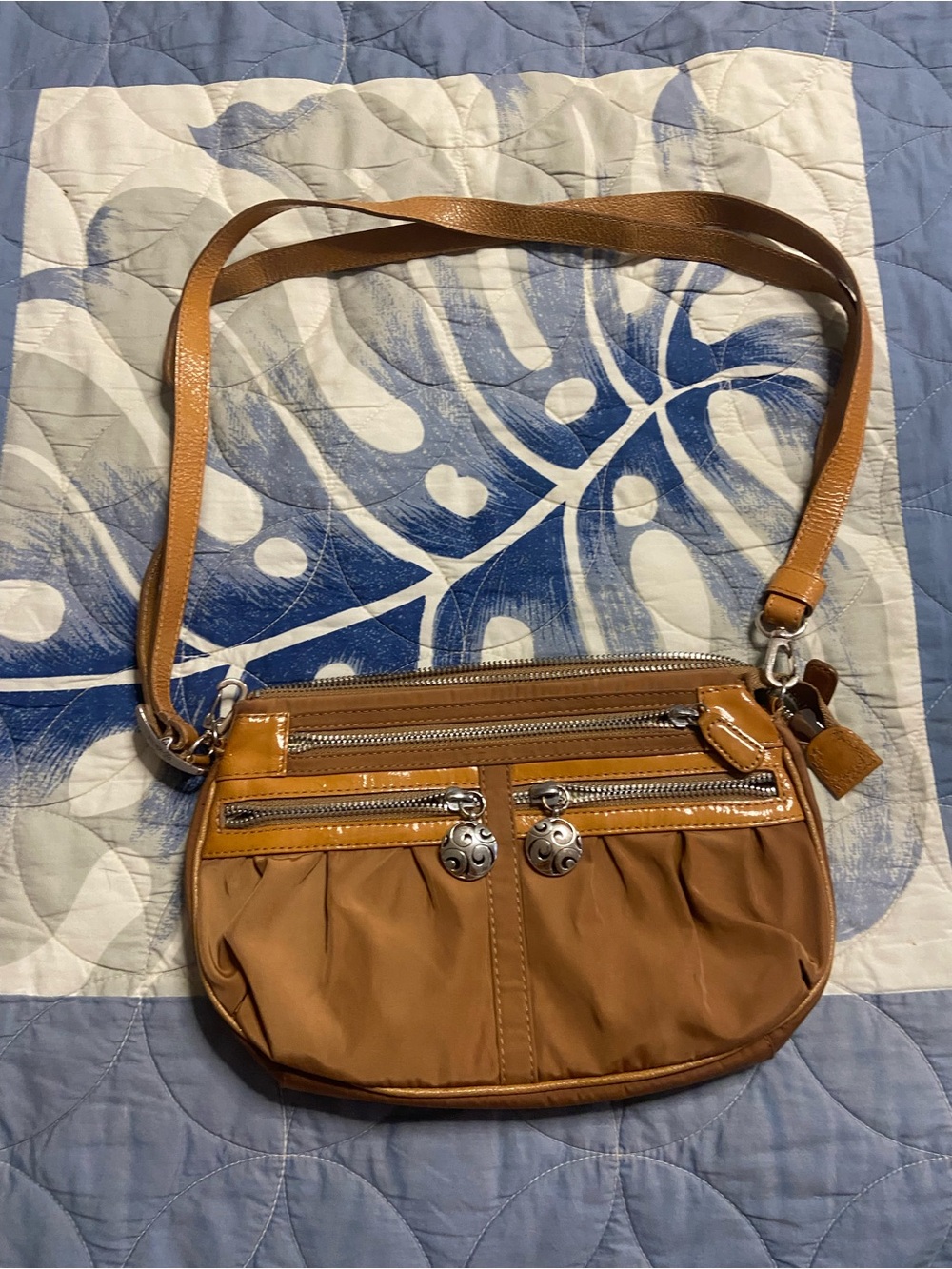 BRIGHTON Golden Brown Patent Leather Trim Nylon Crossbody Bag
